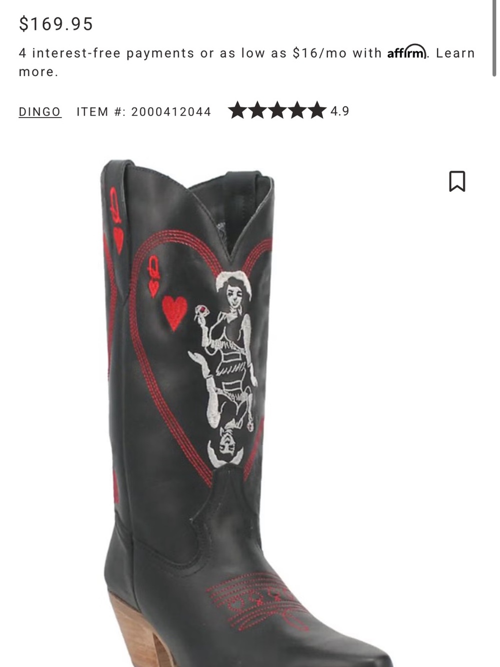dingo Black Western Boots with Red Heart & White Card Queen